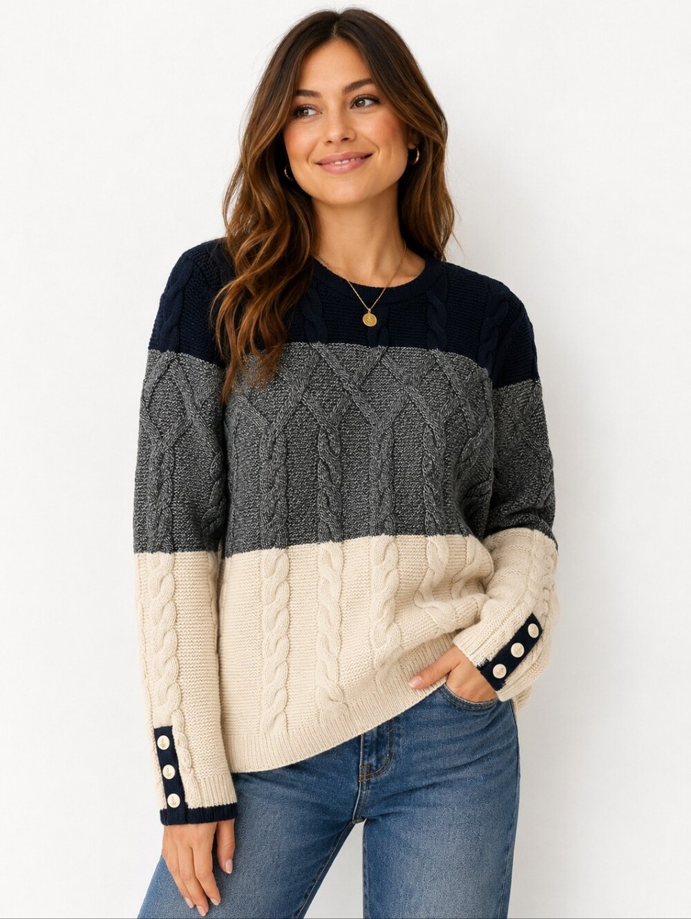 Talbots Colorblock Cable Knit Sweater Navy Gray Size Small